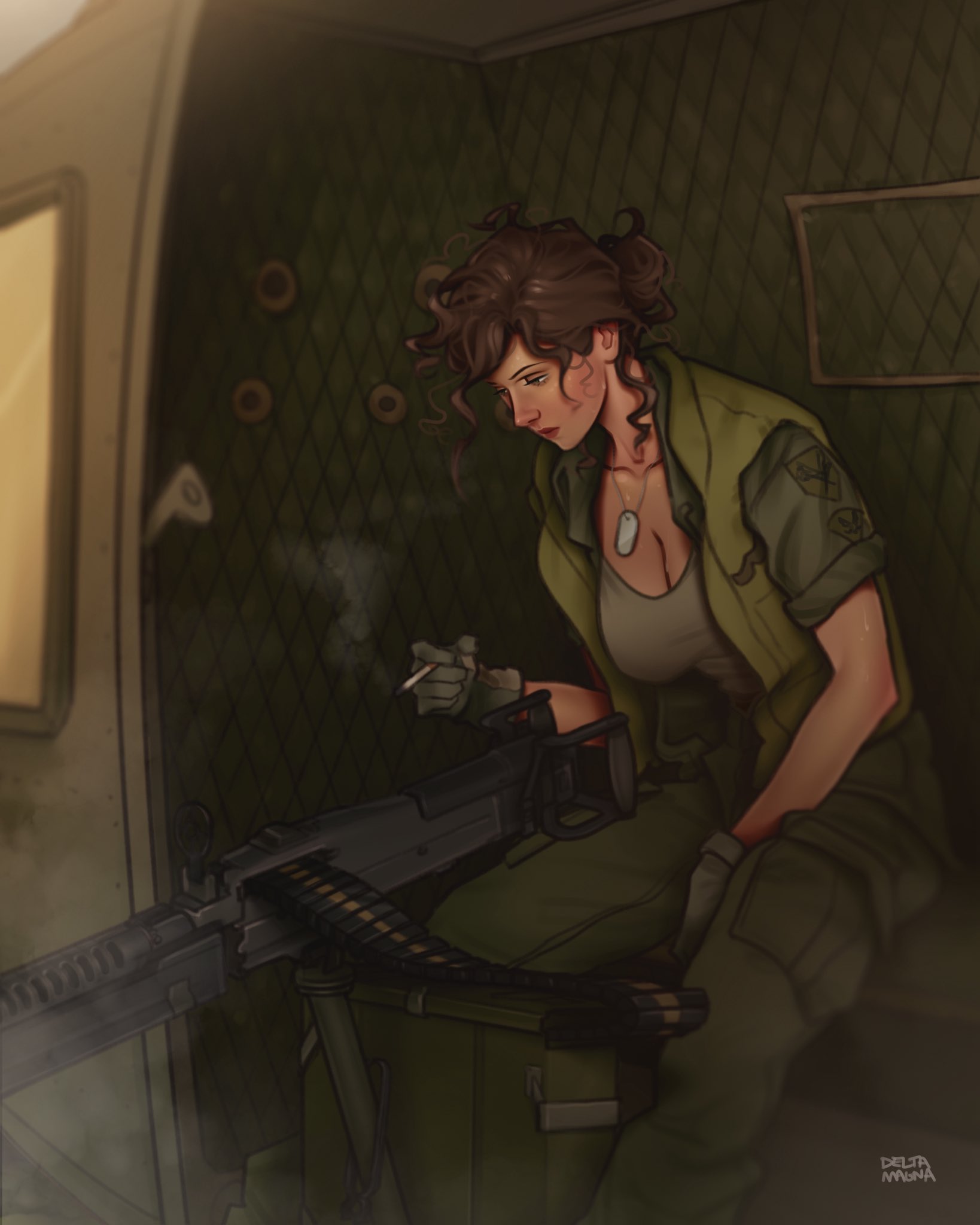 deltamagna, uh-1 iroquois, original, united states army, commentary, highres, symbol-only commentary, 1girl, aircraft, aircraft turret, airplane interior, ammunition belt, ammunition box, artist name, blue eyes, breasts, brown hair, cigarette, cleavage, dog tags, feet out of frame, flak jacket, green jacket, green pants, green shirt, green tank top, gun, hair bun, helicopter, holding, holding cigarette, jacket, looking to the side, m60 (machine gun), machine gun, manually-operated mounted gun, medium breasts, messy hair, military combat uniform, military rank insignia, military uniform, military vehicle, open clothes, open jacket, pants, shirt, sitting, sleeves rolled up, smoking, solo, tank top, vehicle interior, vietnam war, weapon
