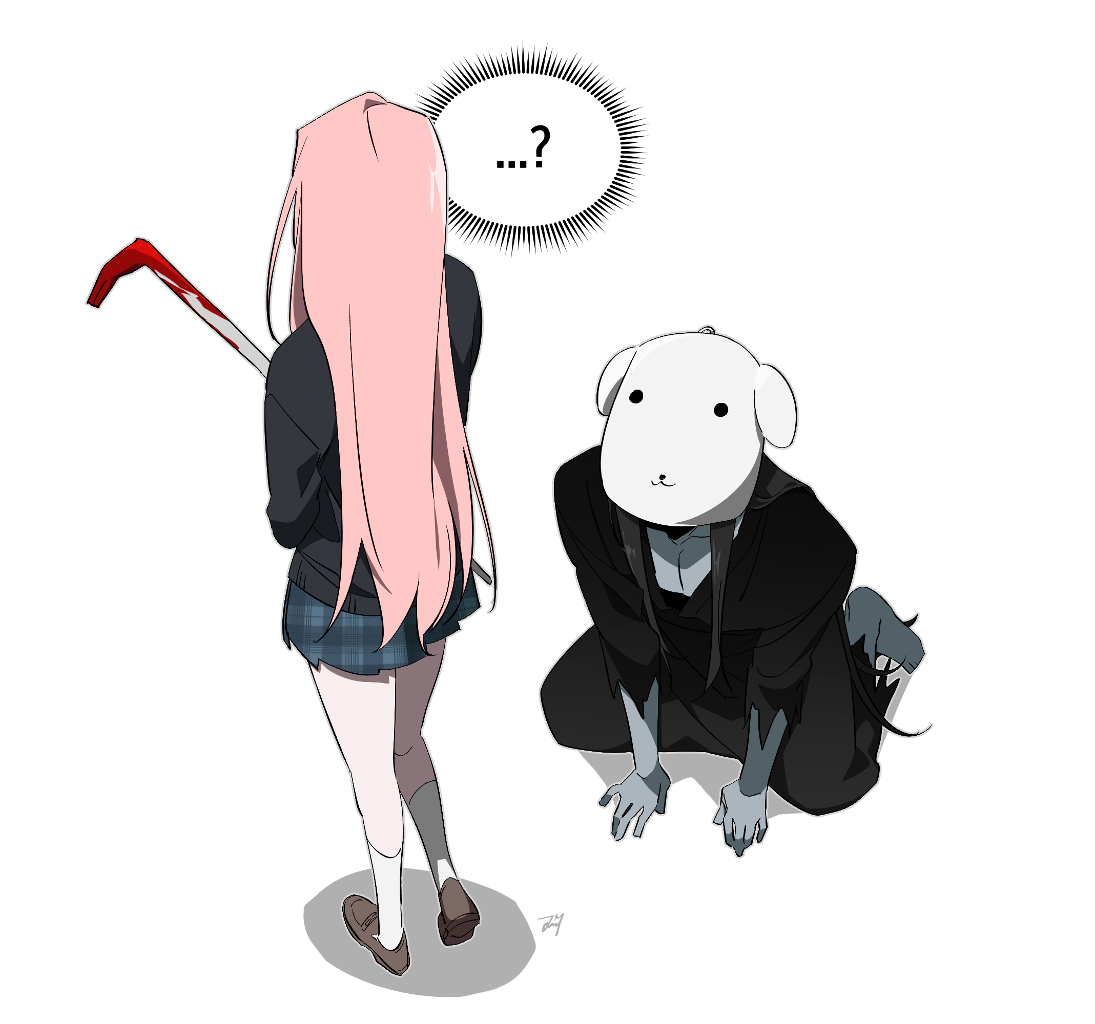 bbabbamis2, adashino adami, mr. crawling, homicipher, commentary request, highres, korean commentary, 1boy, 1girl, black hair, black kimono, black sweater, blood, bloody weapon, crowbar, dog mask, holding, holding crowbar, japanese clothes, kimono, kneeling, long hair, mask, pink hair, simple background, skirt, sweater, very long hair, weapon, white background