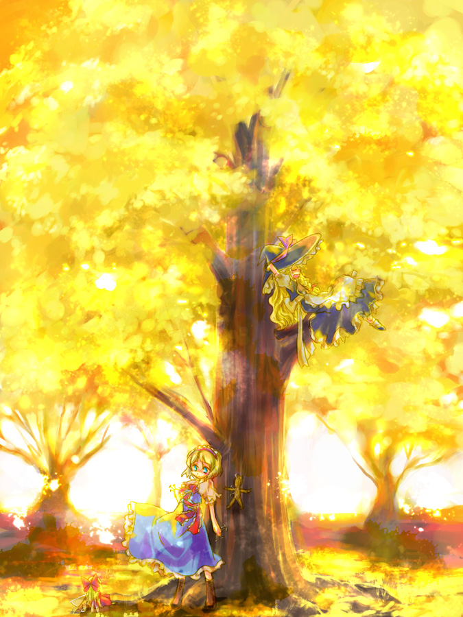kinkirara, queen qko, alice margatroid, kirisame marisa, shanghai doll, touhou, 2girls, blonde hair, female focus, in tree, multiple girls, sitting, sitting in tree, sleeping, tree, voodoo doll
