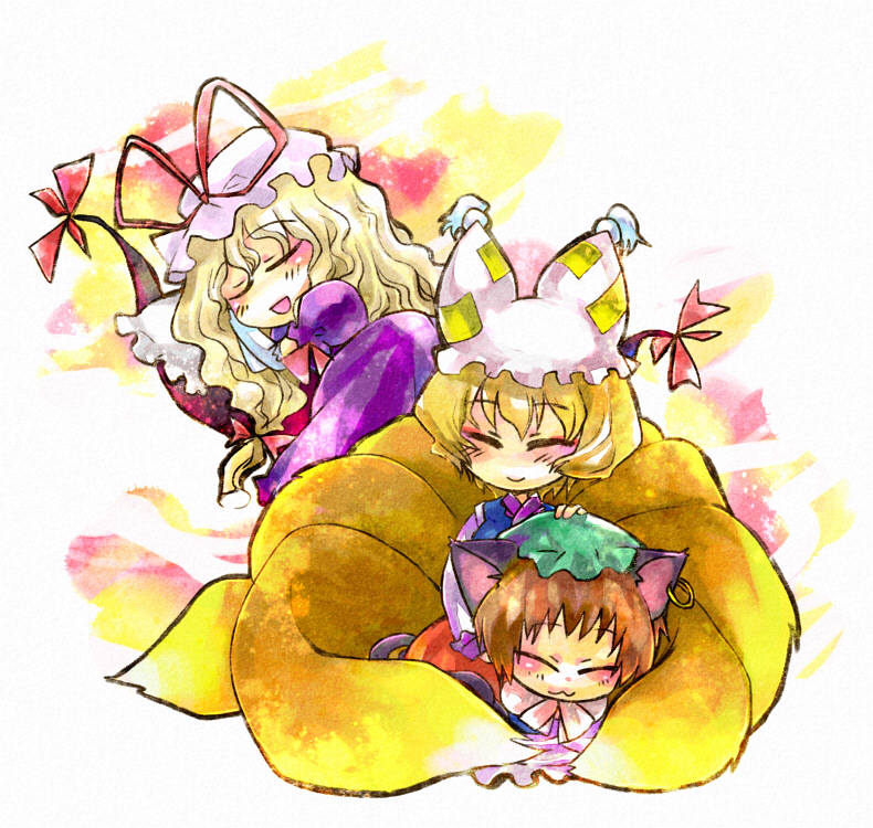 kinkirara, queen qko, chen, yakumo ran, yakumo yukari, touhou, 3girls, :3, animal ears, animal hat, blonde hair, brown hair, cat ears, cat girl, cat tail, closed eyes, earrings, elbow gloves, female focus, fox tail, gap (touhou), gloves, hair ribbon, hat, jewelry, long hair, long sleeves, mob cap, multiple girls, multiple tails, ribbon, short hair, short sleeves, single earring, sleeping, smile, tail, tassel