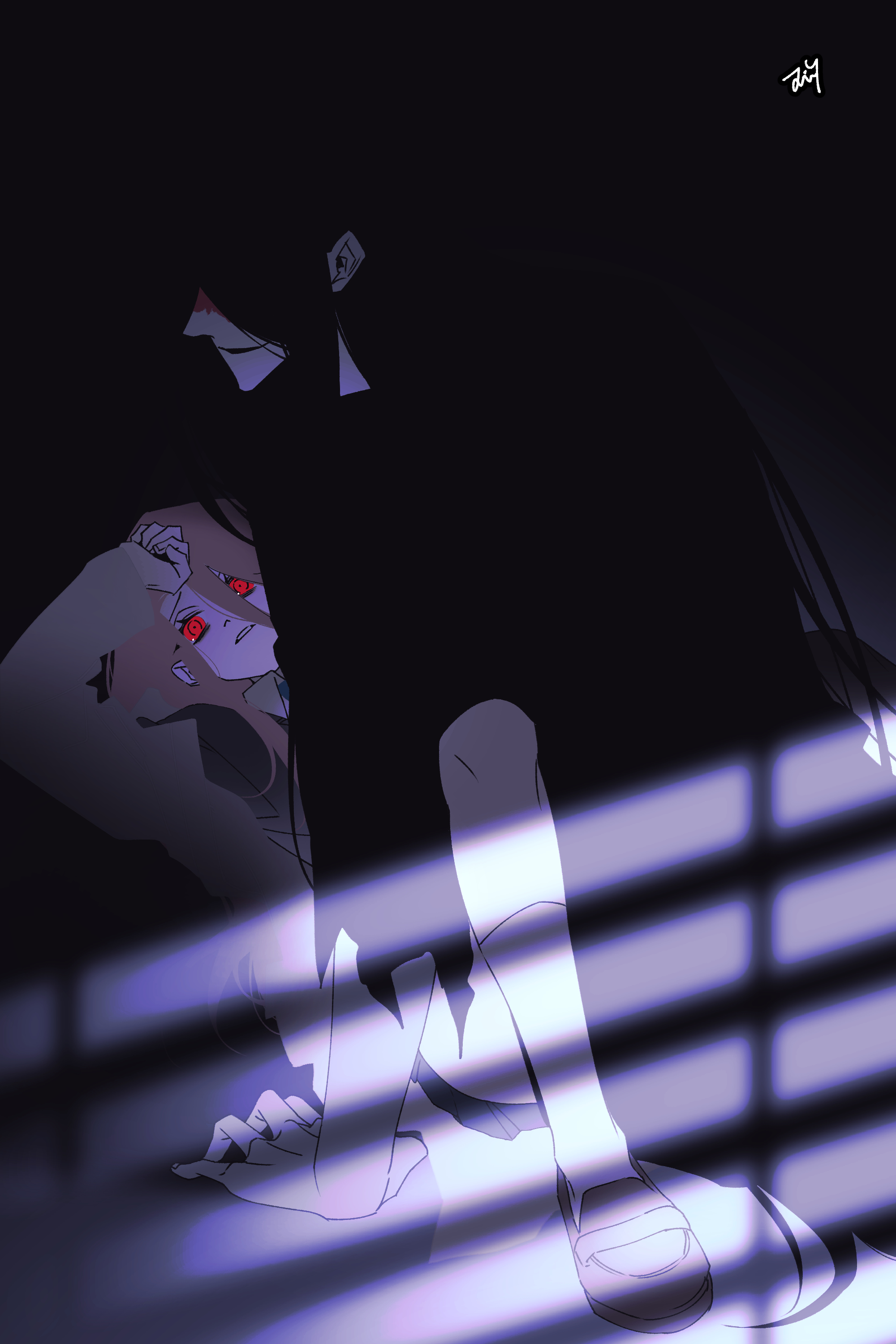 bbabbamis2, adashino adami, mr. crawling, homicipher, absurdres, commentary request, highres, korean commentary, 1boy, 1girl, black background, black hair, black kimono, glowing, glowing eyes, hetero, japanese clothes, kimono, long hair, lying, on back, red eyes, ringed eyes, very long hair, window light