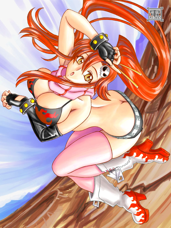 densuke (heppoko dou), yoko littner, tengen toppa gurren lagann, 00s, ass, bikini, bikini top only, elbow gloves, gloves, long hair, ponytail, red hair, scarf, short shorts, shorts, solo, striped clothes, striped scarf, swimsuit, thighhighs, yellow eyes
