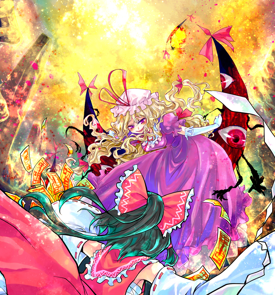 kinkirara, queen qko, hakurei reimu, yakumo yukari, touhou, 2girls, battle, black hair, blonde hair, bow, breasts, detached sleeves, dress, elbow gloves, female focus, gap (touhou), gloves, gradient background, hair bow, hair ribbon, hat, japanese clothes, long hair, miko, multiple girls, purple eyes, ribbon, sarashi, short hair