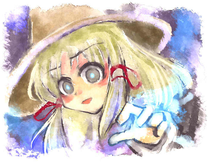 kinkirara, queen qko, moriya suwako, touhou, 1girl, :d, blonde hair, blue eyes, crazy eyes, female focus, glowing, hair ribbon, hat, long sleeves, looking at viewer, magic, open mouth, red ribbon, ribbon, sidelocks, smile, solo, sweater, upper body