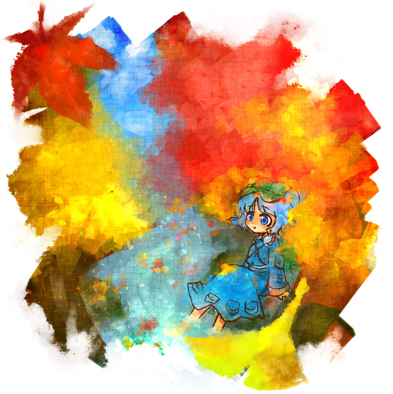 kinkirara, queen qko, kawashiro nitori, touhou, 1girl, autumn leaves, blue dress, blue eyes, blue hair, dress, falling leaves, fantasy, female focus, flat cap, from above, hair bobbles, hair ornament, hat, leaf, long sleeves, matching hair/eyes, river, rock, shore, sitting, solo, two side up, water