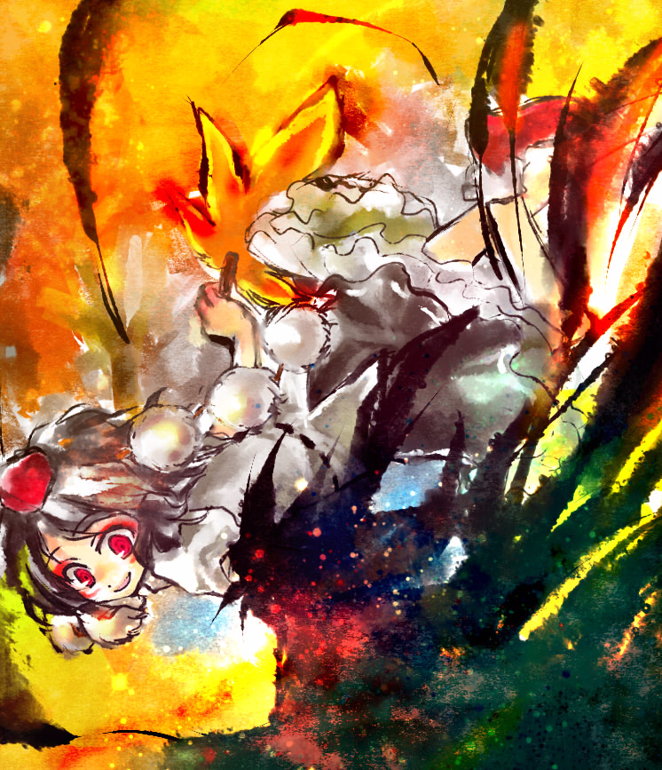 kinkirara, queen qko, shameimaru aya, touhou, 1girl, brown hair, colorful, eyeshadow, female focus, flying, geta, grin, hand fan, hat, looking at viewer, makeup, red eyes, short hair, skirt, smile, solo, tengu-geta, tokin hat