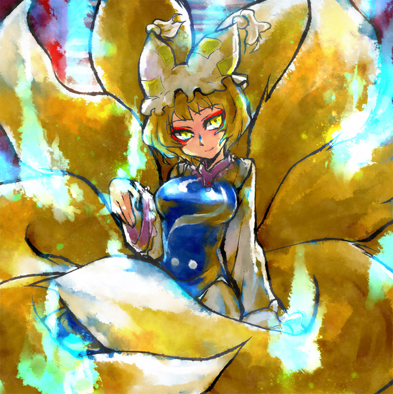 kinkirara, queen qko, yakumo ran, touhou, 1girl, animal hat, blonde hair, breasts, dress, female focus, fox tail, hat, hat with ears, large breasts, long sleeves, mob cap, multiple tails, short hair, smile, solo, tail, tassel, wide sleeves, yellow eyes