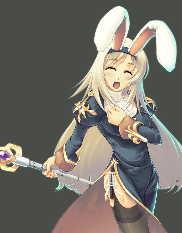 yn red, priest (ragnarok online), ragnarok online, habit, 1girl, :d, animal ears, black thighhighs, blonde hair, closed eyes, female focus, garter straps, jewelry, long hair, necklace, nun, open mouth, panties, priest, priestess, rabbit ears, side-tie panties, simple background, smile, solo, staff, thighhighs, underwear, white panties