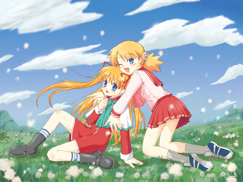 takety (murasaki takeshi), sasamori karin, sawatari makoto, kanon, to heart (series), to heart 2, 00s, 2girls, alternate costume, blonde hair, blue eyes, boots, crossover, day, multiple girls, red skirt, school uniform, serafuku, shoes, skirt, sky, sneakers, socks, twintails