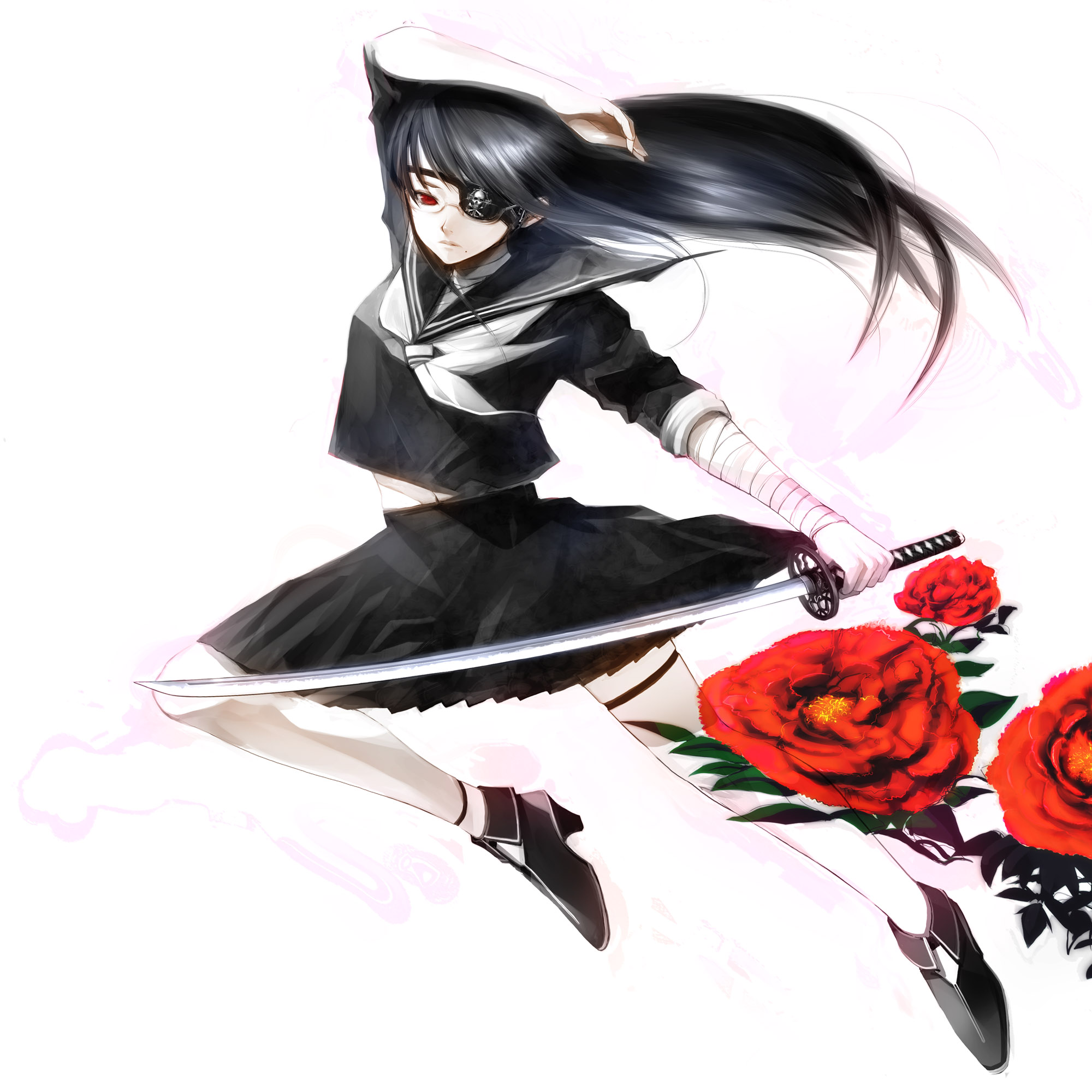 takashima, highres, bandaged arm, bandaged neck, bandages, black serafuku, eyepatch, glasses, holding, holding sword, holding weapon, katana, neckerchief, one eye covered, school uniform, serafuku, simple background, sleeves rolled up, solo, swept bangs, sword, weapon, white background, white neckerchief