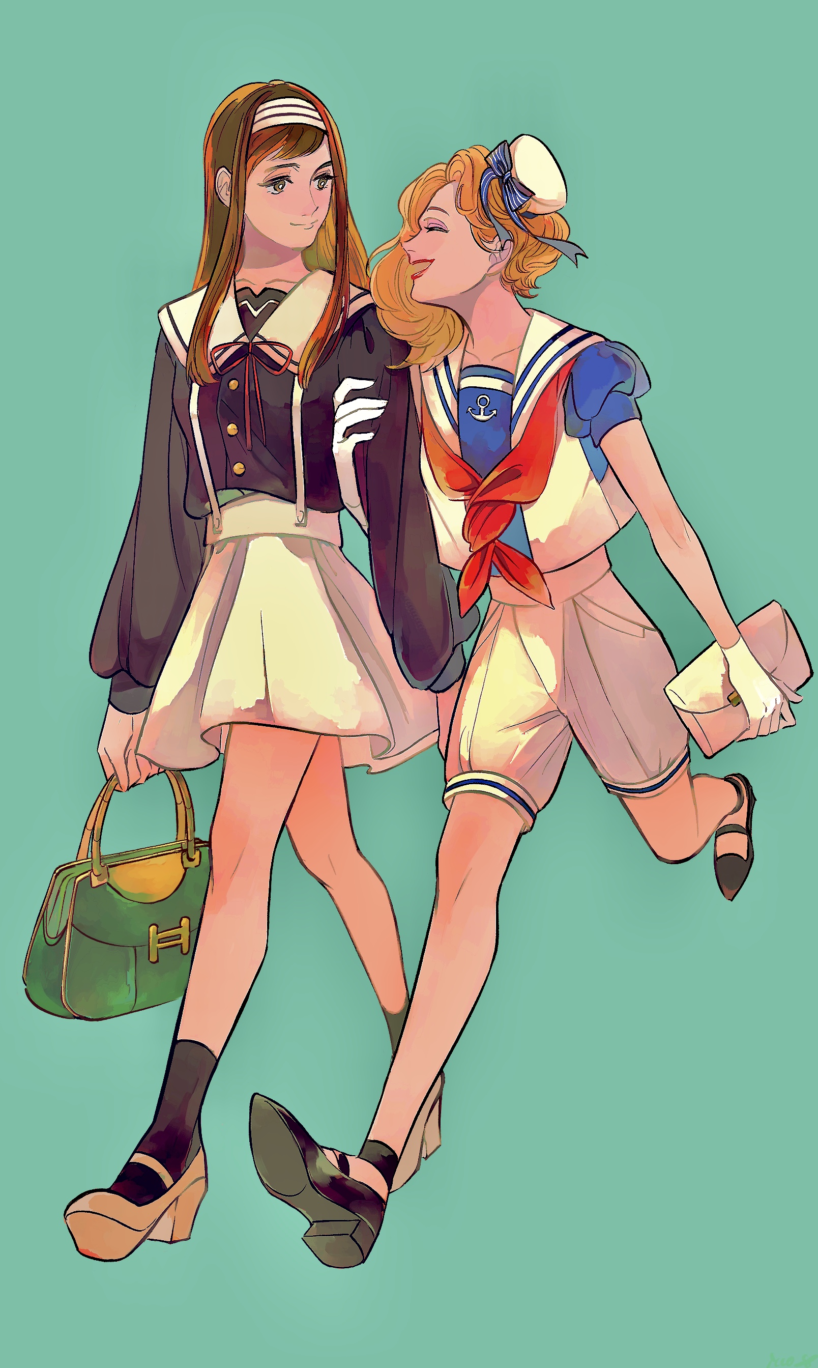 original, absurdres, highres, 2girls, ^ ^, bag, black socks, blonde hair, brown eyes, brown hair, closed eyes, closed mouth, fujichika (icco 8), full body, gloves, hat, holding, holding bag, mini hat, multiple girls, open mouth, red lips, sailor collar, shorts, skirt, smile, socks, split mouth, straight hair, suspenders, white gloves, white hat, white sailor collar, white skirt, yuri