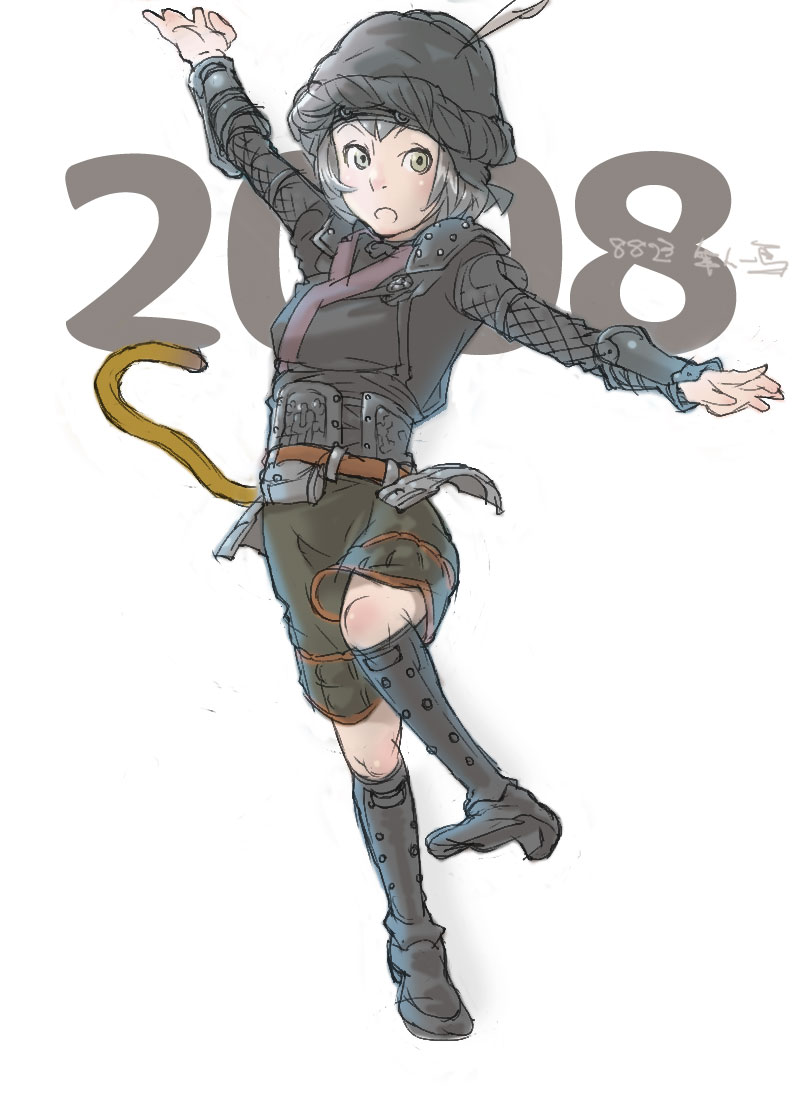 mithra (ff11), ninja (final fantasy), final fantasy, final fantasy xi, silver hair, 00s, 1girl, 2008, :o, arm guards, armor, belt, black boots, black hat, blush, boots, cat girl, cat tail, female focus, green eyes, green shorts, hat, hat feather, knee boots, leg up, looking at viewer, ninja, open mouth, outstretched arm, short hair, shorts, shoulder pads, sketch, solo, standing, standing on one leg, tail, tareme, white background