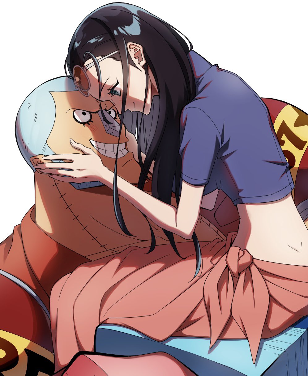 tomato 0429, franky (one piece), nico robin, one piece, highres, 1boy, 1girl, black hair, blue hair, blush, carrying, carrying person, cropped jacket, cyborg, looking at another, princess carry, robot, skirt, smile