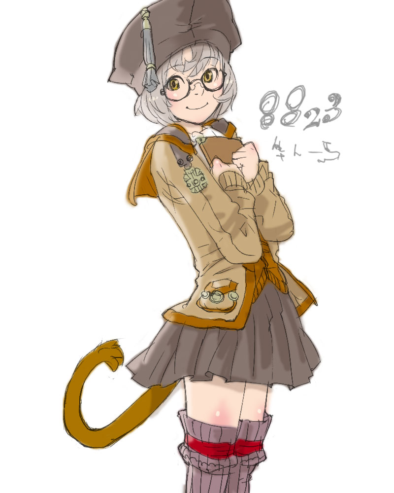 mithra (ff11), scholar (final fantasy), final fantasy, final fantasy xi, 00s, 1girl, female focus, glasses, simple background, solo, tail, thighhighs, zettai ryouiki