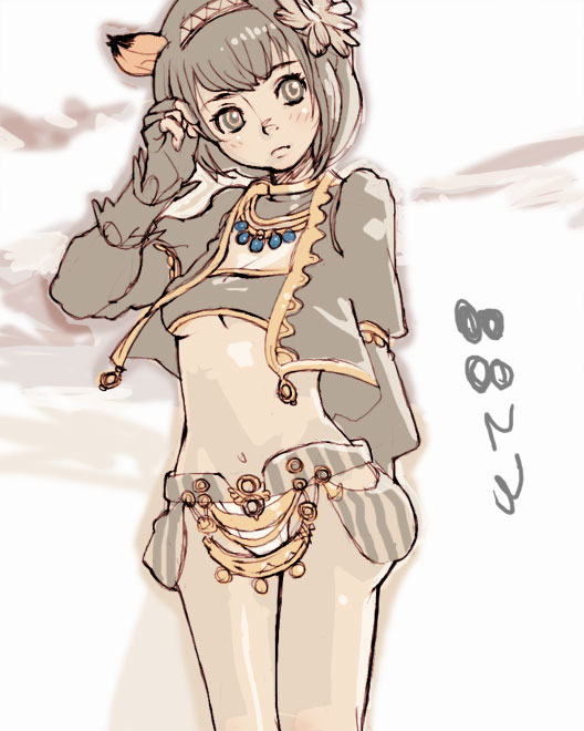 bard (final fantasy), mithra (ff11), final fantasy, final fantasy xi, silver hair, 00s, 1girl, :d, bard, belt, blunt bangs, blush, brown eyes, brown gloves, buckle, elbow gloves, expressionless, female focus, fingerless gloves, fur trim, gloves, hip focus, midriff, navel, open mouth, revealing clothes, short hair, simple background, smile, solo, stomach, thighs, white background