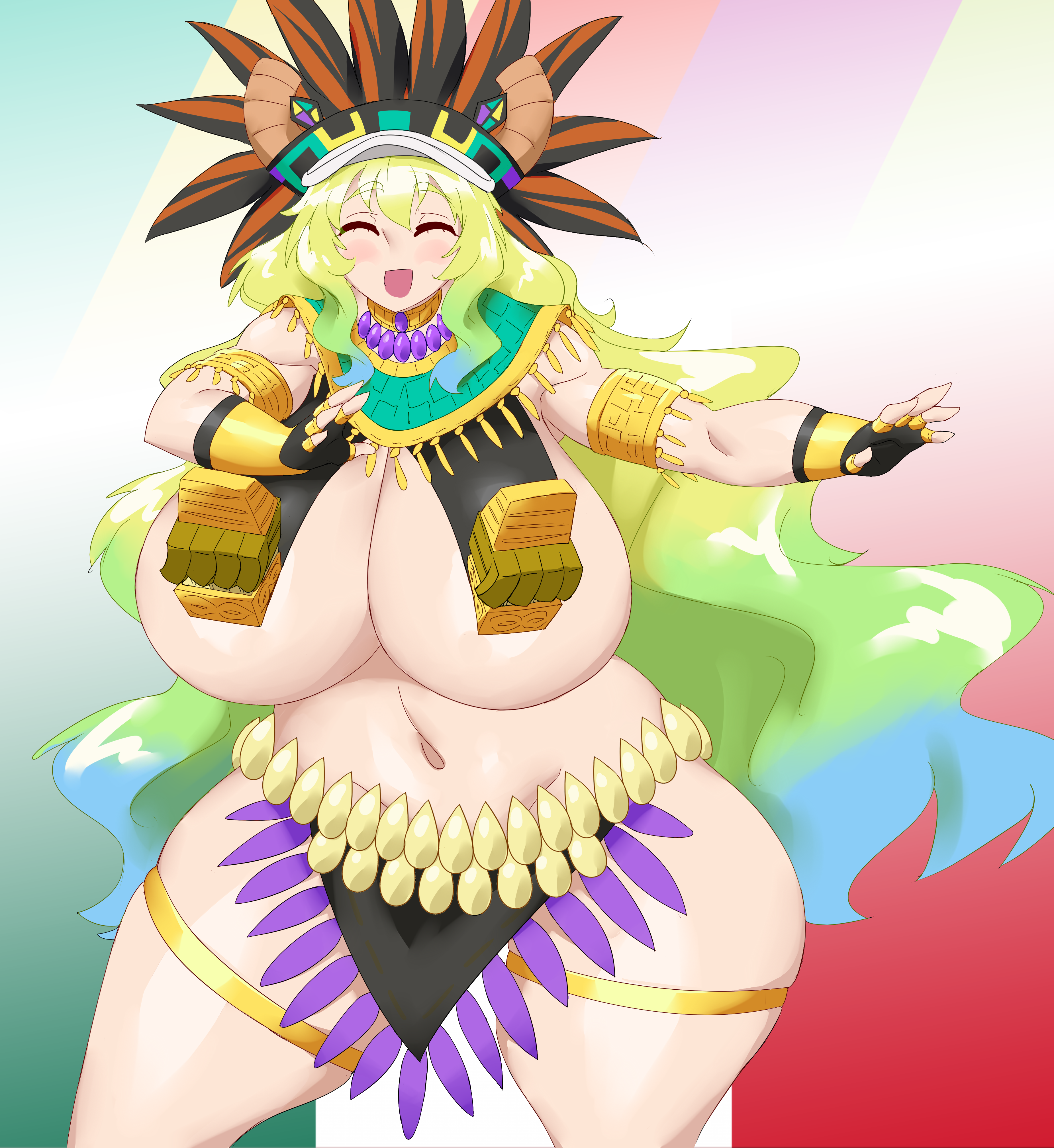 kyelyn, lucoa (maidragon), kobayashi-san chi no maidragon, 1girl, armlet, aztec, black gloves, blonde hair, blue hair, blush, breasts, choker, closed eyes, cowboy shot, dancing, dragon horns, feather hair ornament, feathers, fingerless gloves, gloves, gold ring, gradient hair, green hair, hair ornament, horns, huge breasts, jewelry, loincloth, long hair, multicolored hair, navel, open mouth, ring, smile, solo, standing, striped background, thighlet, underboob, wide hips
