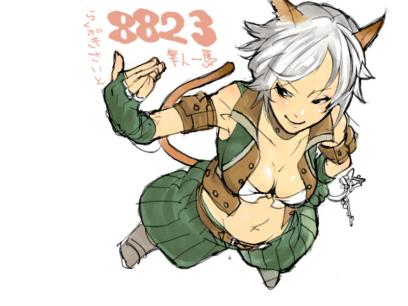 mithra (ff11), thief (final fantasy), final fantasy, final fantasy xi, 00s, 1girl, animal ears, beckoning, breasts, cat ears, cat girl, cat tail, female focus, foreshortening, from above, hand on own hip, large breasts, navel, short hair, solo, tail, white background, white hair