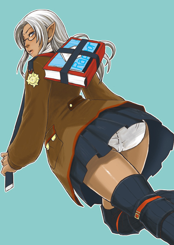 elvaan, scholar (final fantasy), final fantasy, final fantasy xi, lowres, 00s, 1girl, dark-skinned female, dark skin, elf, female focus, glasses, panties, pointy ears, simple background, solo, thighhighs, underwear, upskirt, white panties