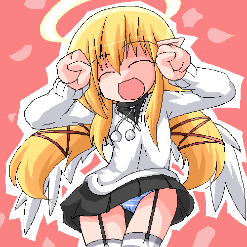 kanidiru, kanijiru, lowres, 1girl, angel, caramelldansen, elf, female focus, halo, oekaki, panties, pointy ears, solo, striped clothes, striped panties, thighhighs, underwear, wings