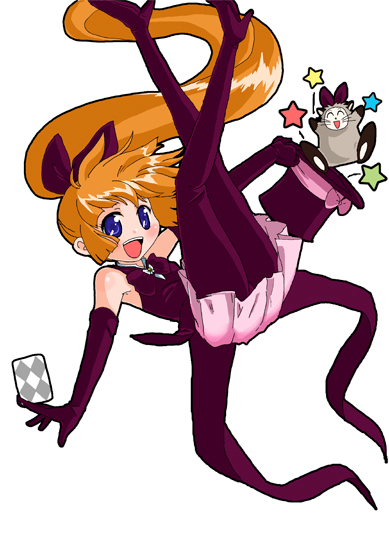 hokoro, haneoka meimi, ruby (kaitou saint tail), saint tail, kaitou saint tail, bad id, bad pixiv id, 1990s (style), 1girl, bare shoulders, card, elbow gloves, gloves, hat, holding, holding card, magical girl, magician, magician's hat, pantyhose, ponytail, retro artstyle, top hat