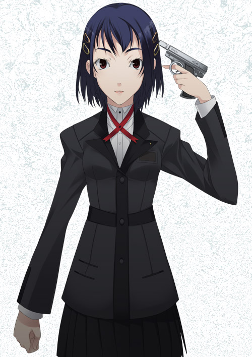 mizuki makoto, morimoto kanaru, atlus, persona, persona trinity soul, 00s, blue hair, brown eyes, gun, hair ornament, hairclip, handgun, pistol, school uniform, serafuku, short hair, solo, weapon