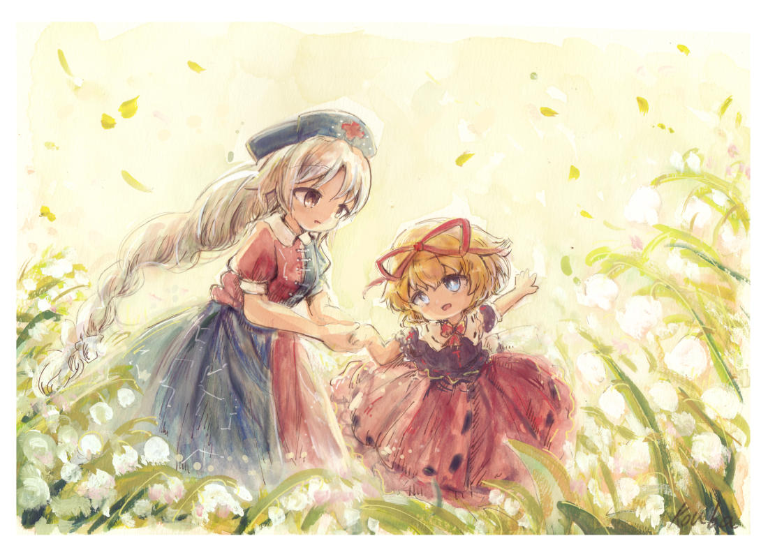 kouba, medicine melancholy, yagokoro eirin, touhou, commentary request, commission, skeb commission, 2girls, :d, black shirt, blonde hair, blue dress, blue eyes, blue hat, border, bow, bowtie, braid, dress, flower, grey eyes, grey hair, hair ribbon, hat, holding hands, lily of the valley, long hair, multiple girls, nurse cap, open mouth, outstretched arm, puffy short sleeves, puffy sleeves, red bow, red bowtie, red dress, red ribbon, red skirt, ribbon, ribbon-trimmed skirt, ribbon trim, shirt, short hair, short sleeves, single braid, skirt, smile, two-tone dress, very long hair, white border, white flower