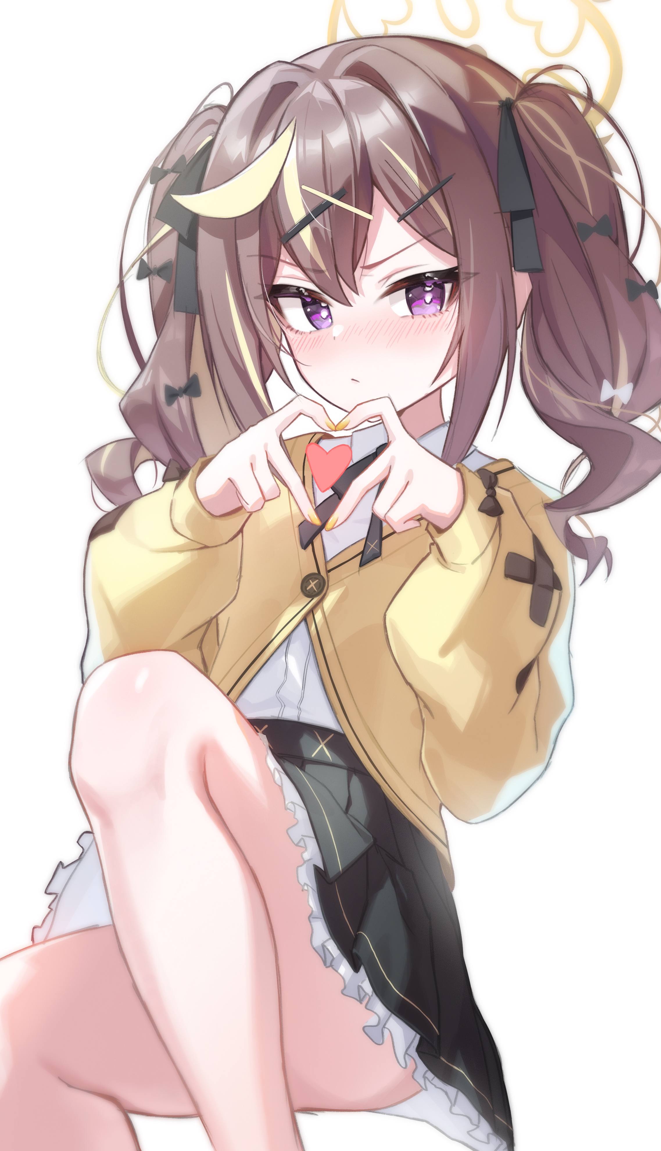 iriya (pixiv68685836), rena (blue archive), blue archive, absurdres, commentary request, highres, 1girl, :/, black bow, black ribbon, black skirt, blonde hair, blush, bow, bright pupils, brown hair, cardigan, closed mouth, collared shirt, convenient leg, feet out of frame, four-finger heart hands, frilled skirt, frills, frown, hair between eyes, hair bow, hair intakes, hair ornament, hair ribbon, hairclip, halo, hands up, heart, heart hands, heart in heart hands, knee up, long hair, long sleeves, looking at viewer, miniskirt, multicolored hair, nail polish, neck ribbon, nose blush, pleated skirt, puffy long sleeves, puffy sleeves, purple eyes, ribbon, shirt, sidelocks, simple background, sitting, skirt, solo, streaked hair, tsurime, twintails, v-shaped eyebrows, wavy hair, white background, white pupils, white shirt, yellow cardigan, yellow halo, yellow nails, yuri