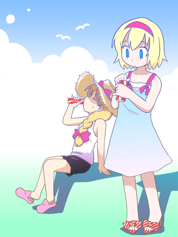 shaomin, alice margatroid, kirisame marisa, touhou, 2girls, alternate costume, blouse, casual, contemporary, dress, drink, female focus, gradient background, multiple girls, outdoors, pink shoes, shirt, shoes, sky, white background, white shirt