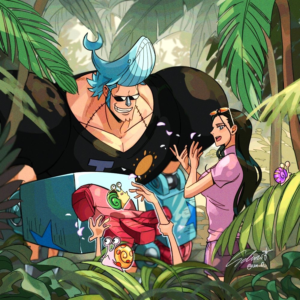 we 0, franky (one piece), nico robin, one piece, 1boy, 1girl, black hair, blue hair, cyborg, outdoors, robot, smile, sunglasses, tall male