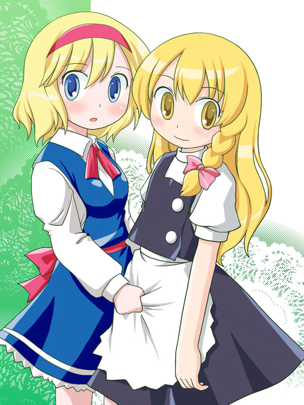 shaomin, alice margatroid, kirisame marisa, touhou, 2girls, :o, apron, black skirt, blonde hair, blue dress, blush, bow, bowtie, buttons, closed mouth, dress, female focus, hair bow, hairband, long hair, long sleeves, multiple girls, parted lips, puffy short sleeves, puffy sleeves, red bow, red bowtie, short sleeves, skirt, smile, tareme, very long hair, vest, waist apron, yuri