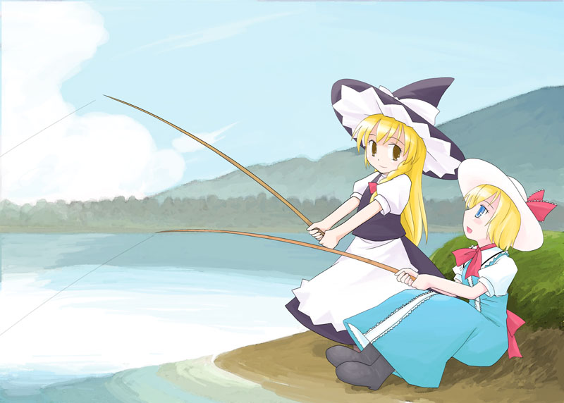 shaomin, alice margatroid, kirisame marisa, touhou, 2girls, blonde hair, female focus, fishing, fishing rod, holding, holding fishing rod, multiple girls