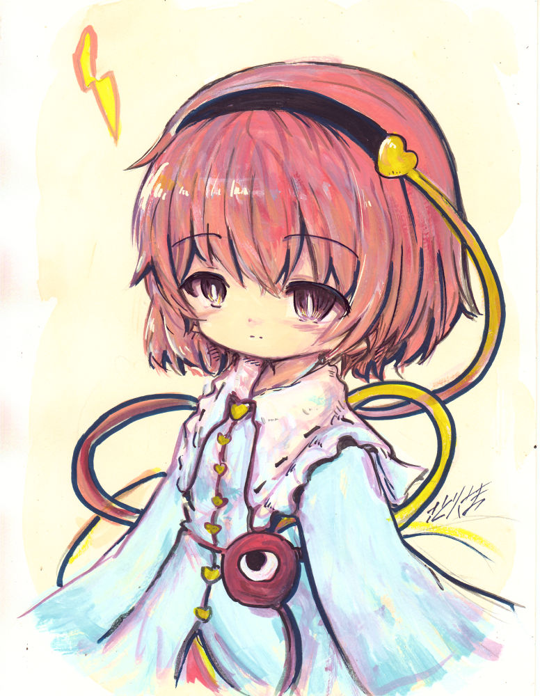 kouba, komeiji satori, touhou, commentary request, 1girl, black hairband, blue shirt, buttons, closed mouth, collared shirt, frilled shirt collar, frills, hair ornament, hairband, heart, heart button, heart hair ornament, lightning bolt symbol, long sleeves, looking at viewer, pink hair, ribbon-trimmed collar, ribbon trim, shirt, short hair, signature, solo, upper body