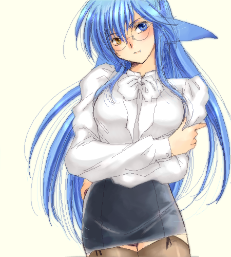 yagisaka seto, follower (yagisaka seto), original, gender request, lowres, 1girl, animal ears, black skirt, blue hair, cowboy shot, fang, female focus, genderswap, glasses, head tilt, heterochromia, legs together, long hair, looking at viewer, miniskirt, oekaki, pencil skirt, shirt, simple background, skirt, solo, standing, tail, thighhighs, very long hair, white shirt
