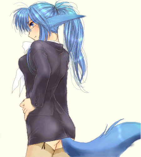 yagisaka seto, follower (yagisaka seto), original, gender request, lowres, 1girl, animal ears, blue hair, female focus, genderswap, oekaki, solo, tail, thighhighs