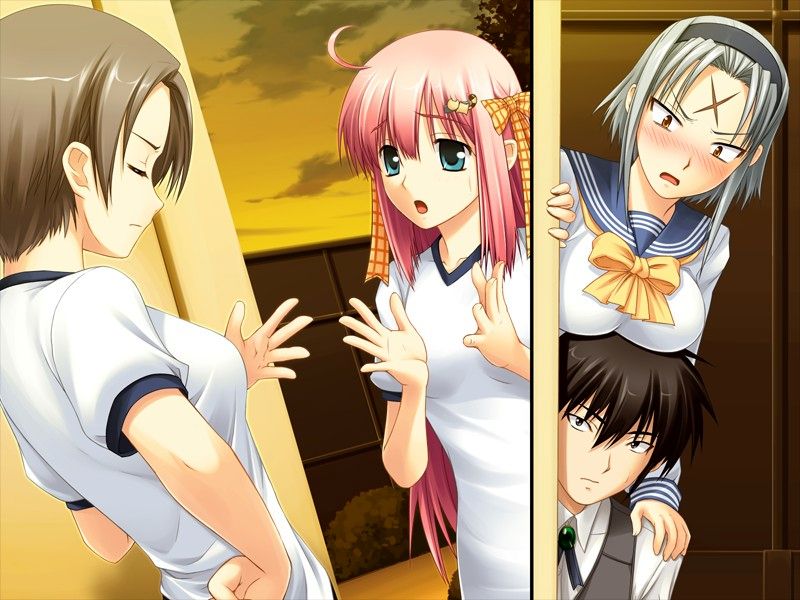 kuki ageha, kuonji yume, uesugi ren, kimi ga aruji de shitsuji ga ore de, game cg, 00s, 1boy, 3girls, breast rest, breasts, breasts on head, gym uniform, multiple girls