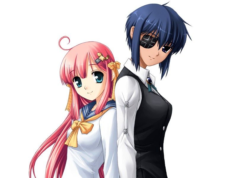shironeko sanbou, kuonji yume, natose, kimi ga aruji de shitsuji ga ore de, plaid, game cg, 00s, 2girls, ahoge, back-to-back, blue eyes, blue hair, blunt bangs, bow, brooch, buttons, cat hair ornament, cross, crossdressing, crossdressing (ftm), dress shirt, eyepatch, flat chest, greek cross, hair between eyes, hair bow, hair ornament, hairclip, head tilt, height difference, high collar, jewelry, light smile, long hair, looking at viewer, looking back, multiple girls, neck ribbon, parted bangs, pink hair, profile, ribbon, school uniform, serafuku, shirt, short hair, sidelocks, simple background, smile, tan, tomboy, upper body, very long hair, vest, waistcoat, white background