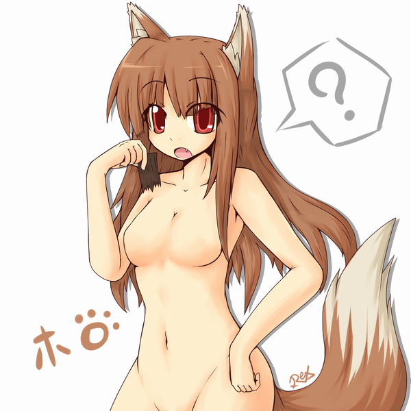 holo, spice and wolf, non-web source, 00s, animal ears, brown hair, nude, red eyes, solo, tail, wolf ears, wolf tail
