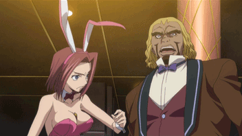 black king (code geass), kouzuki kallen, code geass, animated, animated gif, anime screenshot, lowres, 00s, 1boy, 1girl, animal ears, ass, back-seamed legwear, bow, bowtie, breasts, cleavage, detached collar, fake animal ears, high heels, kicking, leotard, pantyhose, pink pantyhose, playboy bunny, punching, rabbit ears, red hair, seamed legwear, shoes, tail, wrist cuffs