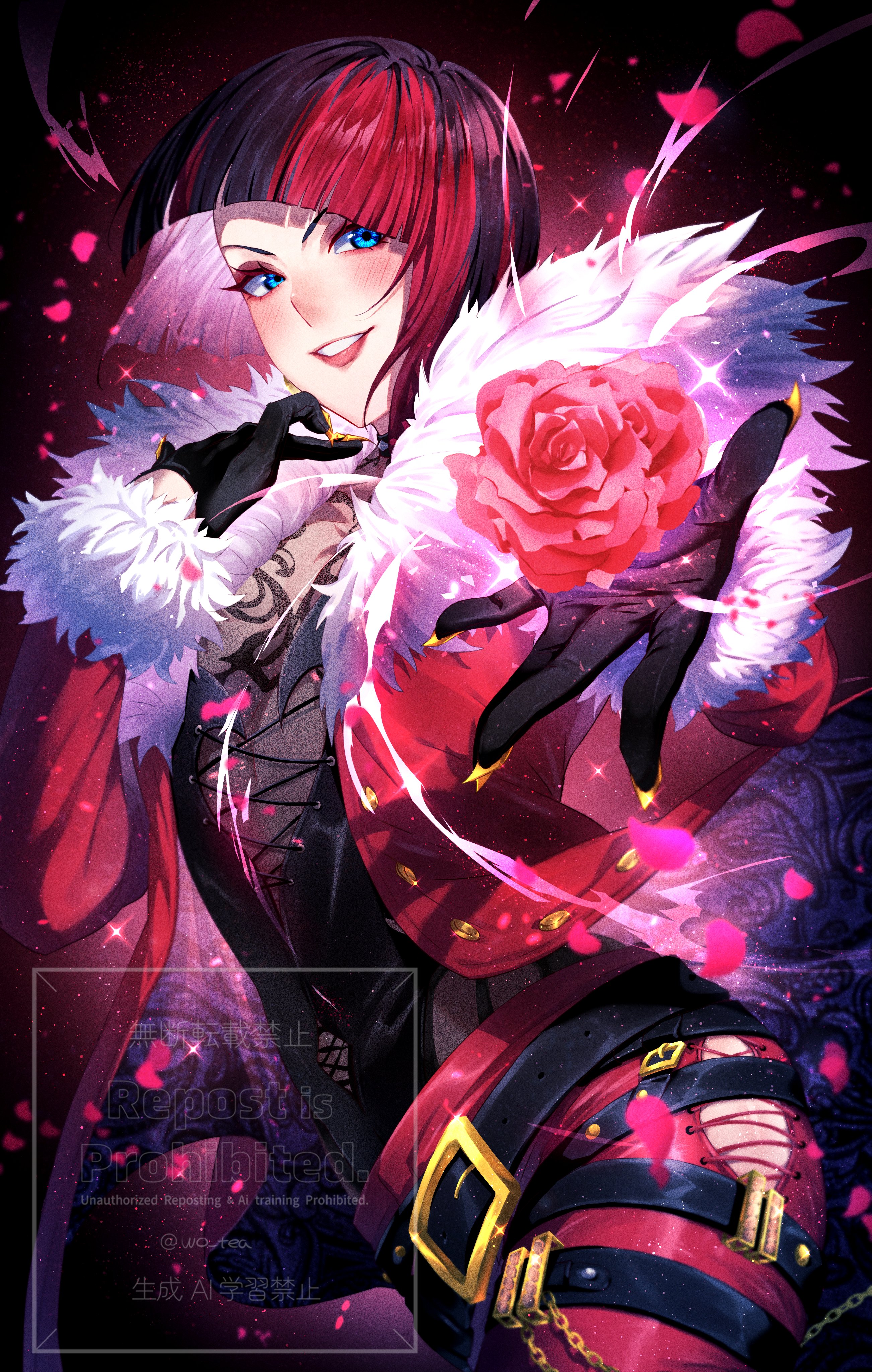 anna williams, tekken, tekken 8, absurdres, highres, 1girl, black hair, blue eyes, breasts, flower, jacket, multicolored hair, pants, red flower, red hair, red jacket, red pants, red rose, rose, short hair, solo, two-tone hair, watermark, wo tea