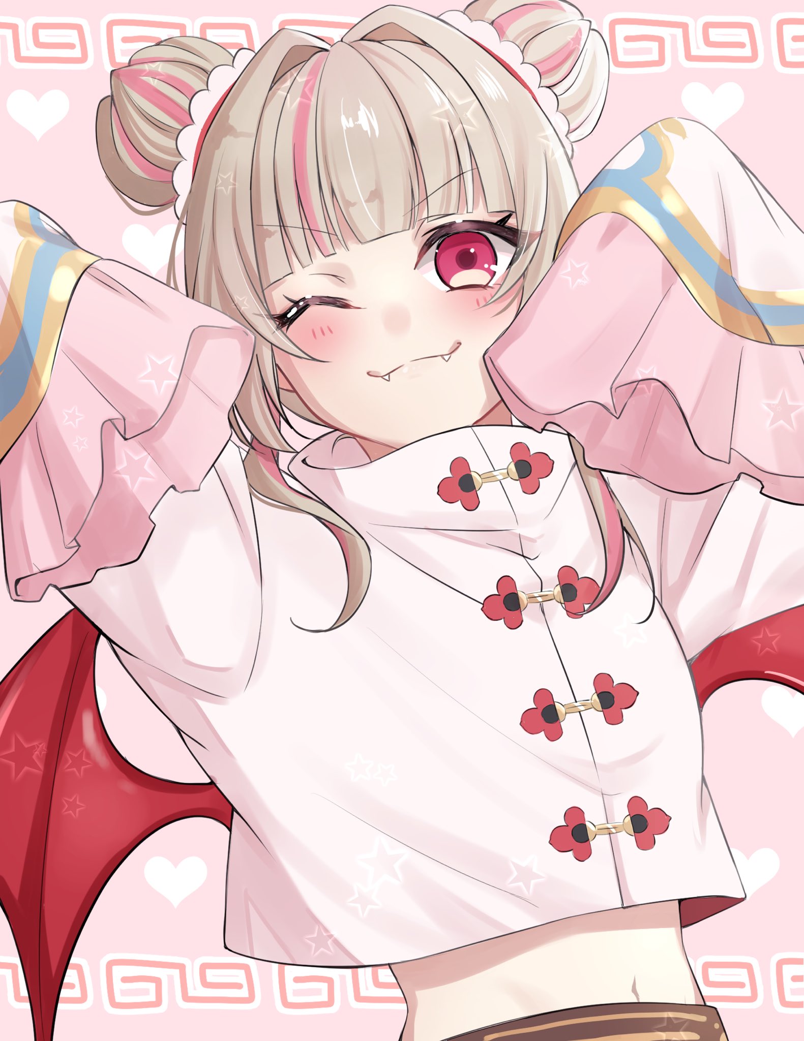 makaino ririmu, nijisanji, highres, 1girl, blunt bangs, blush, chinese clothes, closed mouth, colored inner hair, crop top, crop top overhang, cropped jacket, demon wings, double bun, dutch angle, fangs, frilled sleeves, frills, grey hair, hair bun, hair intakes, hair over shoulder, heart, jacket, long hair, long sleeves, looking at viewer, midriff, multicolored hair, navel, nrin 9, official alternate costume, official alternate hairstyle, one eye closed, pink background, pink frills, pink hair, pointy ears, red eyes, red wings, sidelocks, sleeves past fingers, sleeves past wrists, smile, solo, streaked hair, upper body, v-shaped eyebrows, virtual youtuber, white jacket, wings