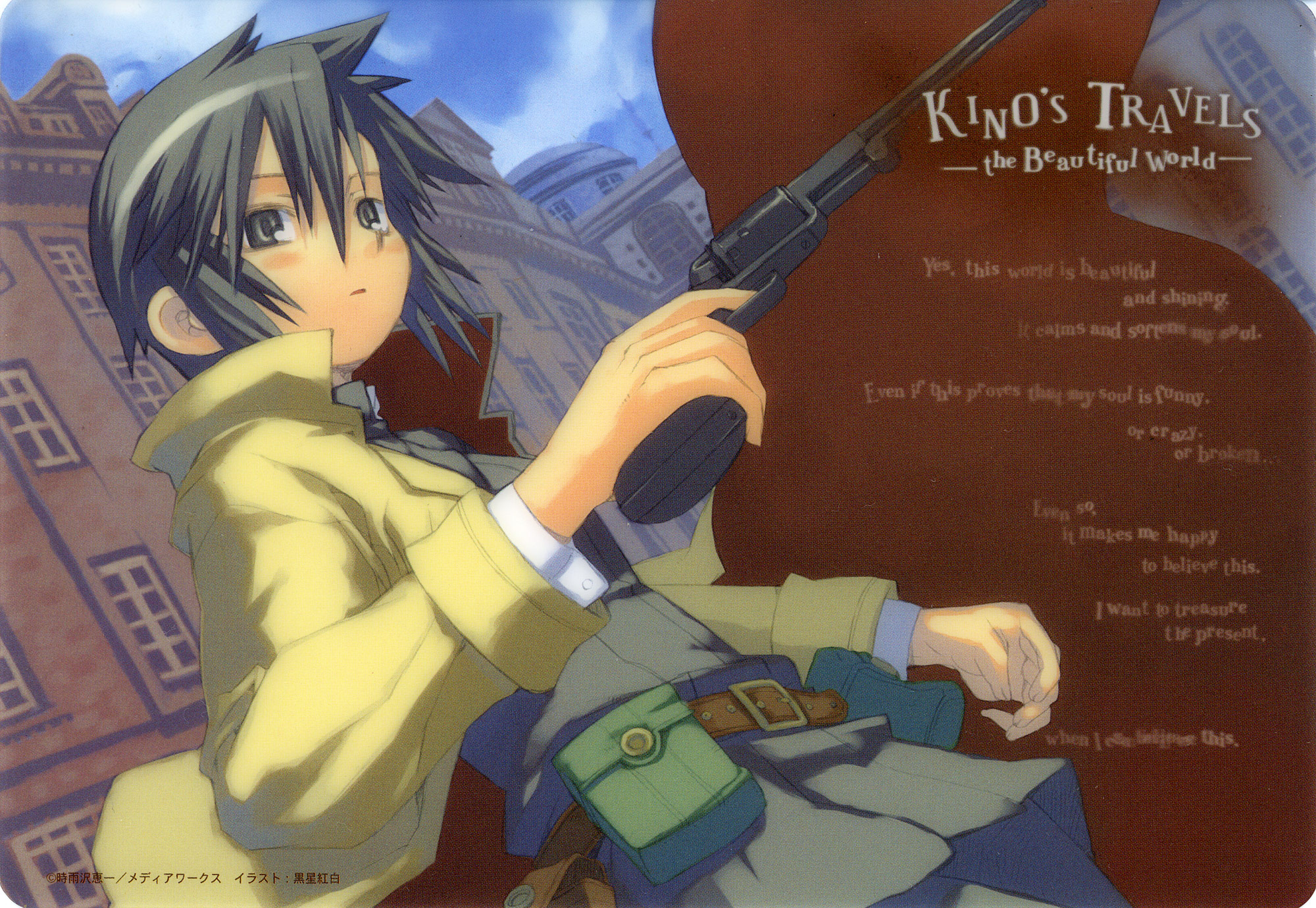 kuroboshi kouhaku, kino (kino no tabi), kino no tabi, highres, scan, scan artifacts, 00s, 1girl, androgynous, coat, day, female focus, gun, hair between eyes, handgun, outdoors, reverse trap, revolver, shitajiki, short hair, solo, spiked hair, weapon