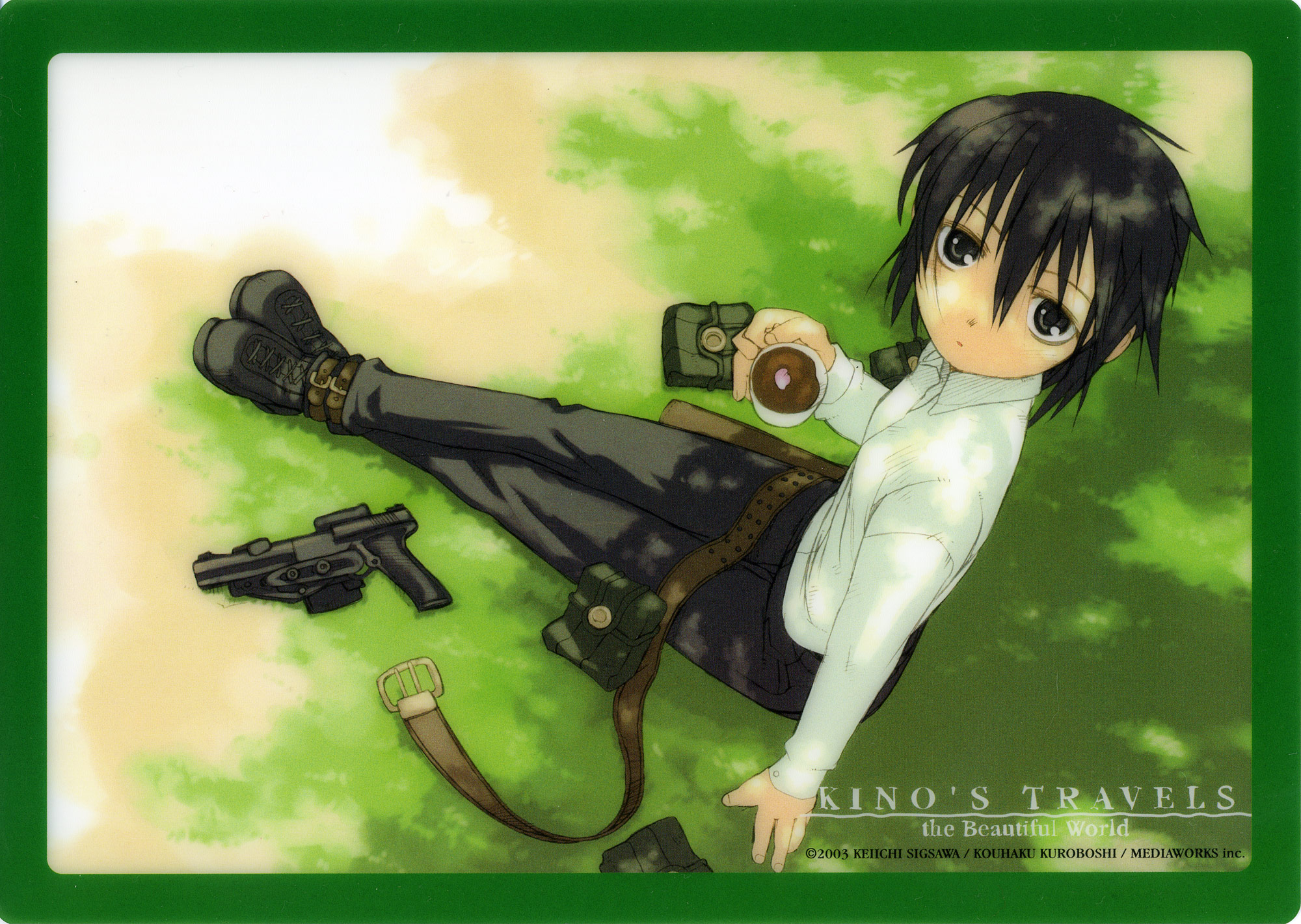 kuroboshi kouhaku, kino (kino no tabi), kino no tabi, highres, 00s, 1girl, androgynous, belt, black boots, blouse, boots, collared shirt, cup, female focus, from above, green theme, gun, hair between eyes, handgun, holster, looking at viewer, outdoors, pistol, reverse trap, shirt, shitajiki, sitting, solo, unworn belt, weapon, white shirt