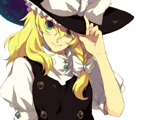 ebira, kirisame marisa, touhou, lowres, md5 mismatch, resolution mismatch, source larger, 1girl, blonde hair, blue eyes, bow, braid, female focus, green eyes, hat, hat tip, smile, solo, witch