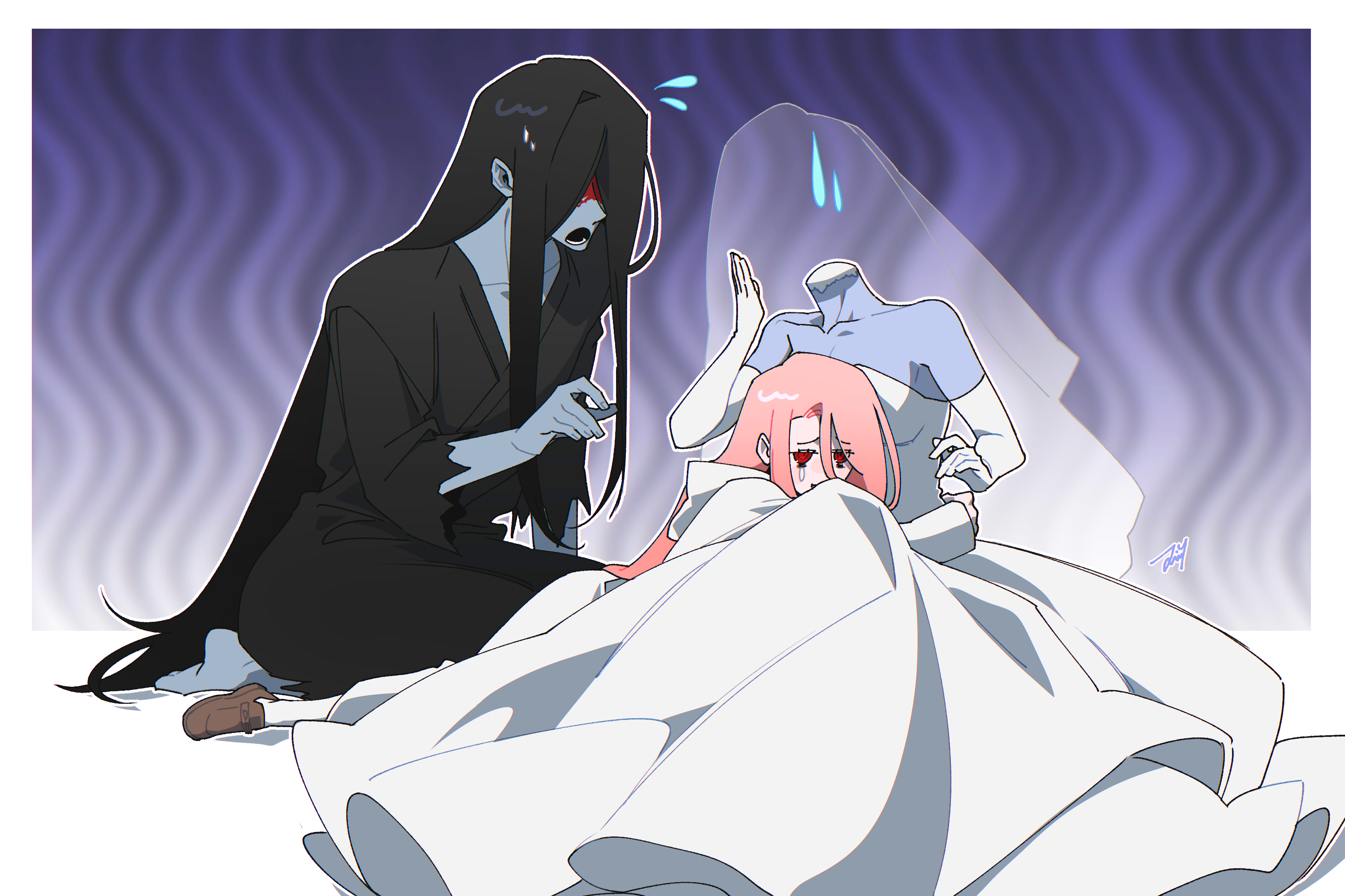 bbabbamis2, adashino adami, mr. crawling, the bride (homicipher), homicipher, commentary request, highres, korean commentary, 1boy, 2girls, black hair, black kimono, blood, blood on face, bridal veil, dress, elbow gloves, flying sweatdrops, gloves, headless, hug, japanese clothes, kimono, long hair, multiple girls, pink hair, purple background, raincoat, sitting, veil, very long hair, wedding dress, white dress, white raincoat, white veil
