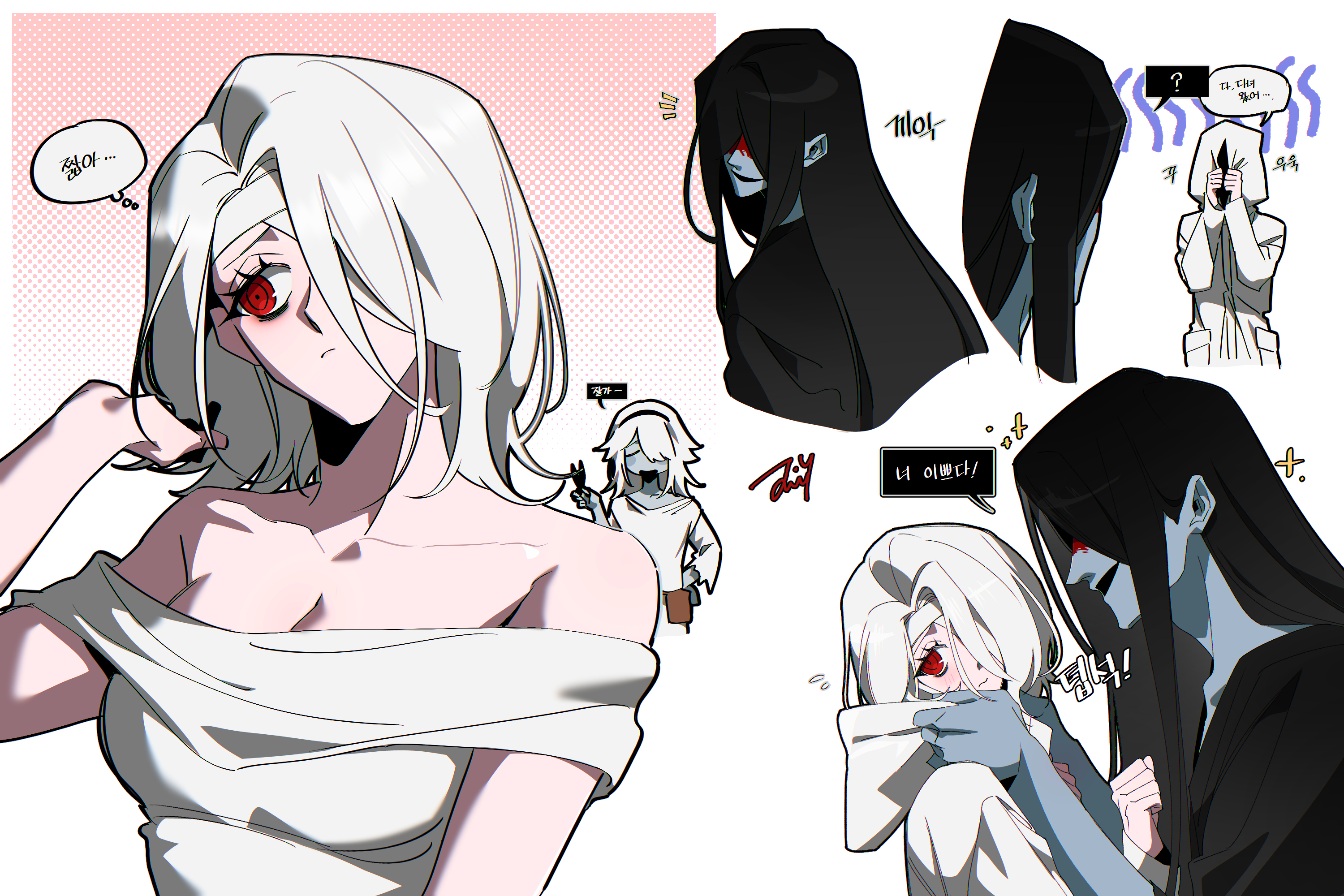 bbabbamis2, adashino adami, mr. crawling, homicipher, commentary request, highres, korean commentary, translation request, 1boy, 2girls, bandaged head, bandages, black hair, black kimono, dress, hair over one eye, hairdresser (homicipher), japanese clothes, kimono, korean text, multiple girls, red eyes, ringed eyes, white background, white dress, white hair