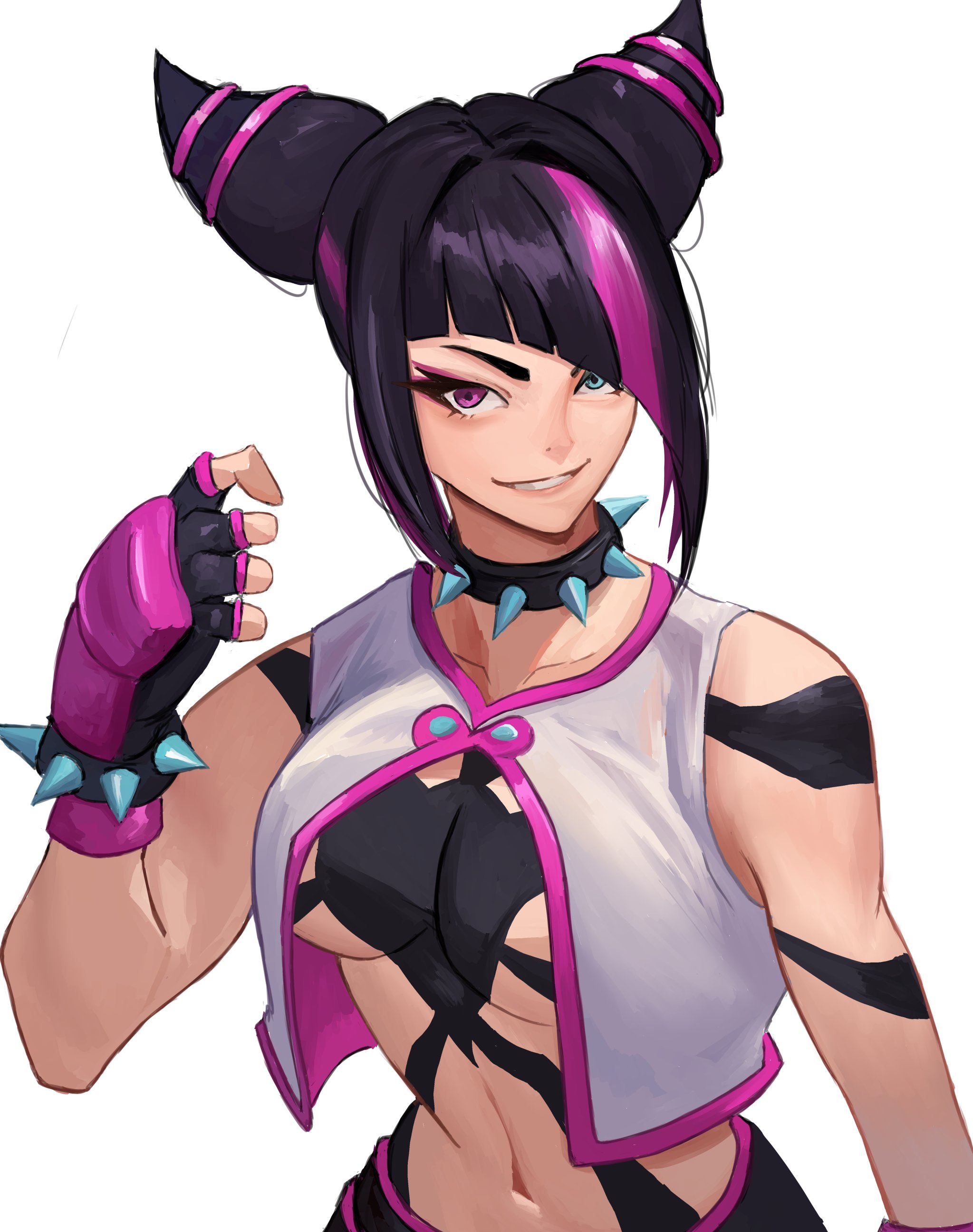 hyakka (momokashinryu14), han juri, street fighter, street fighter 6, absurdres, highres, 1girl, bare shoulders, black collar, black gloves, black hair, blue eyes, breasts, collar, diagonal bangs, fingerless gloves, gloves, heterochromia, medium breasts, multicolored hair, navel, purple eyes, purple hair, simple background, smirk, solo, spiked collar, spikes, streaked hair, two-tone hair, vest, white background, white vest