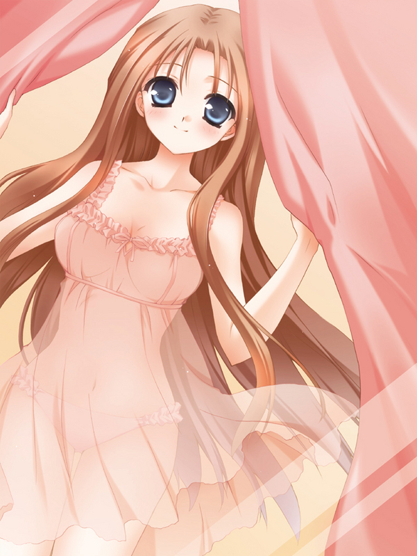 minase lin, duplicate, 1girl, blue eyes, blush, breasts, brown hair, cleavage, female focus, large breasts, lingerie, long hair, nightgown, panties, see-through clothes, smile, solo, underwear