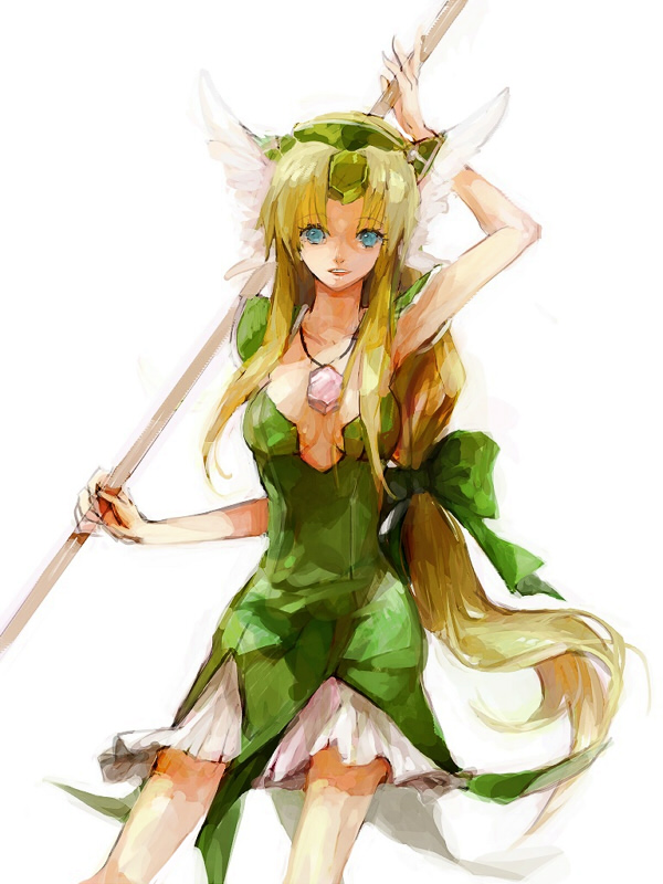 mimic (artist), suimin, u (the unko), riesz, seiken densetsu, seiken densetsu 3, bad id, bad pixiv id, 1girl, amazon warrior, blonde hair, blue eyes, female focus, long hair, low-tied long hair, polearm, simple background, solo, spear, weapon, white background