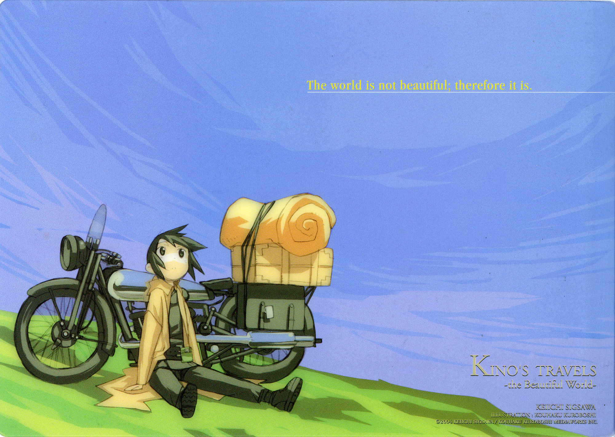 kuroboshi kouhaku, hermes (kino no tabi), kino (kino no tabi), kino no tabi, luggage, vehicle, highres, scan, 00s, 1girl, androgynous, day, female focus, motor vehicle, motorcycle, reverse trap, shitajiki, sitting, sky, solo, tomboy