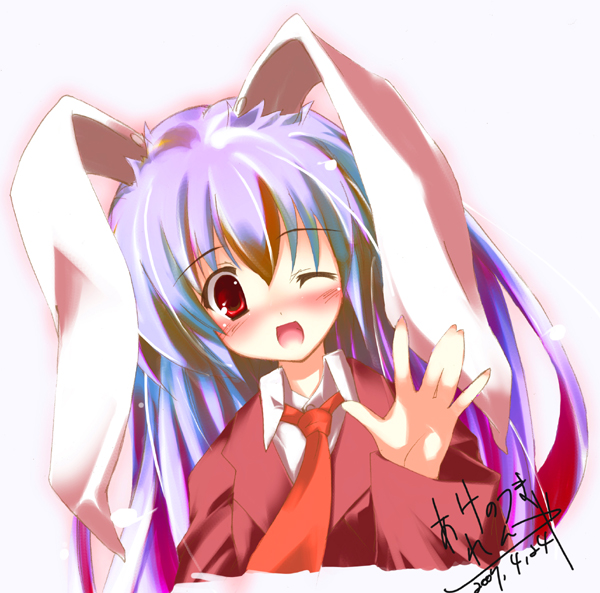 reisen udongein inaba, touhou, 1girl, animal ears, blush, female focus, formal clothes, one eye closed, purple hair, rabbit ears, red eyes, solo, suit, waving
